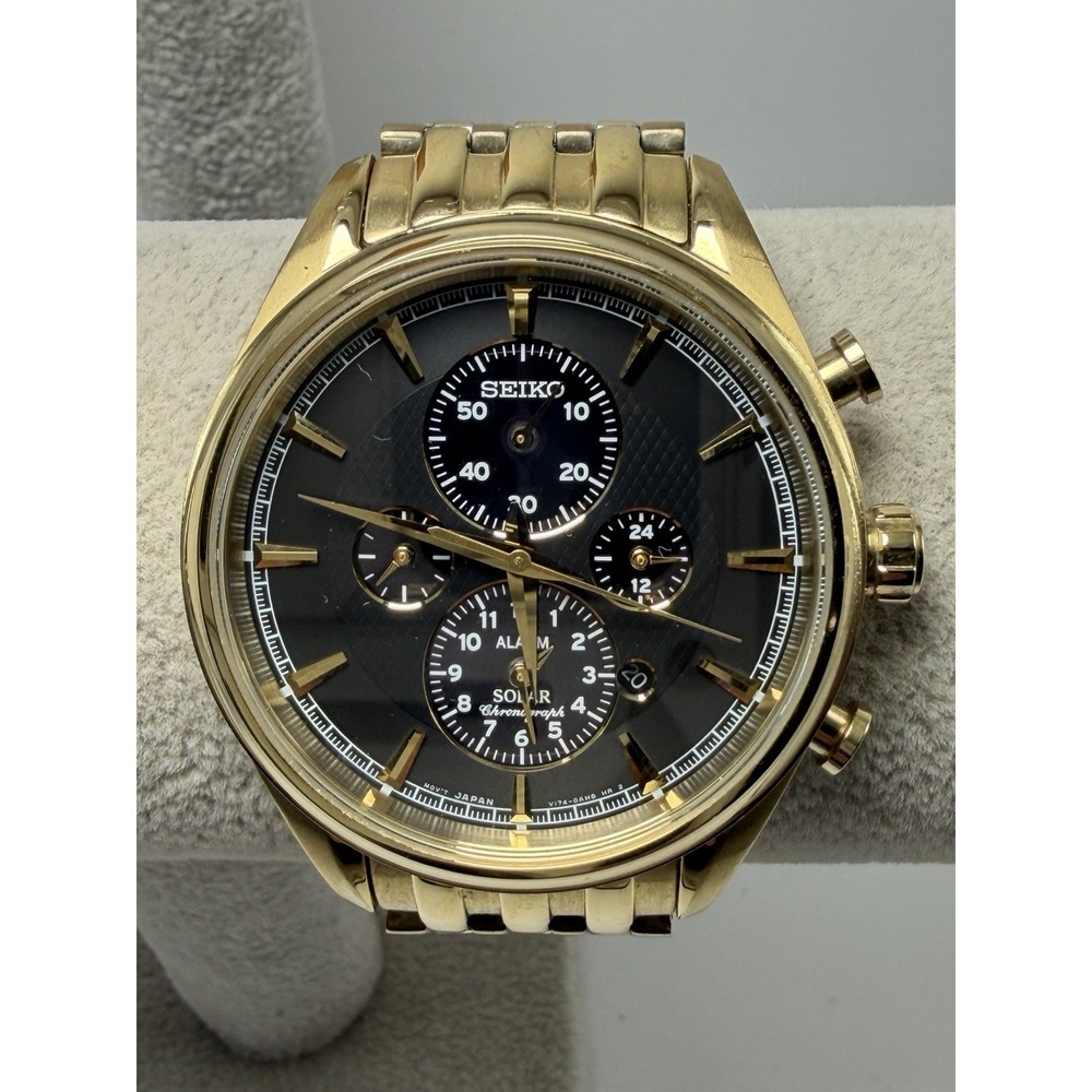 Seiko V174-0AF0 Working Solar Mens Watch‎ 42MM 7" Gold Tone